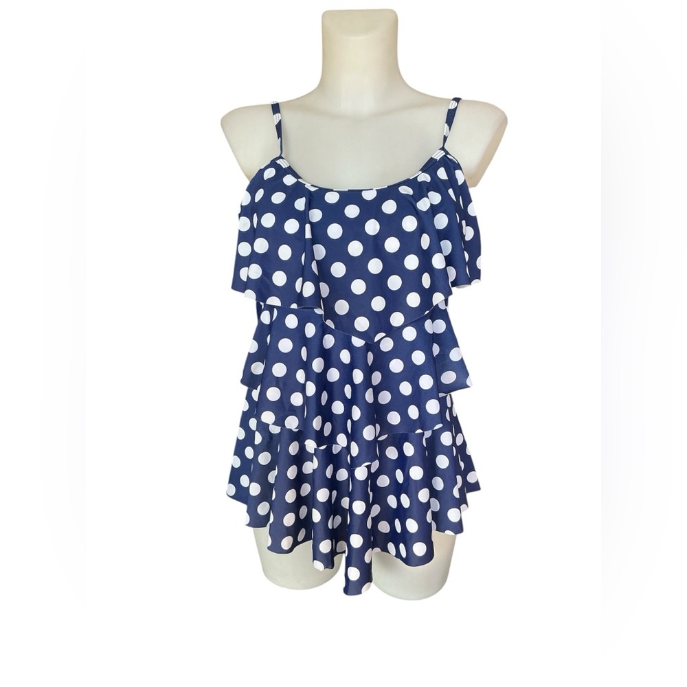 Summer Mae Navy Blue with White Polka Dots Tiered Ruffle Tankini Size XL